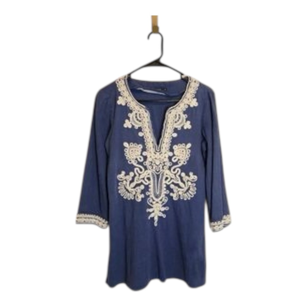 Theme Blue Embroidered Tunic Top‎ Boho Cottagecore Coastal Grandma Small Global